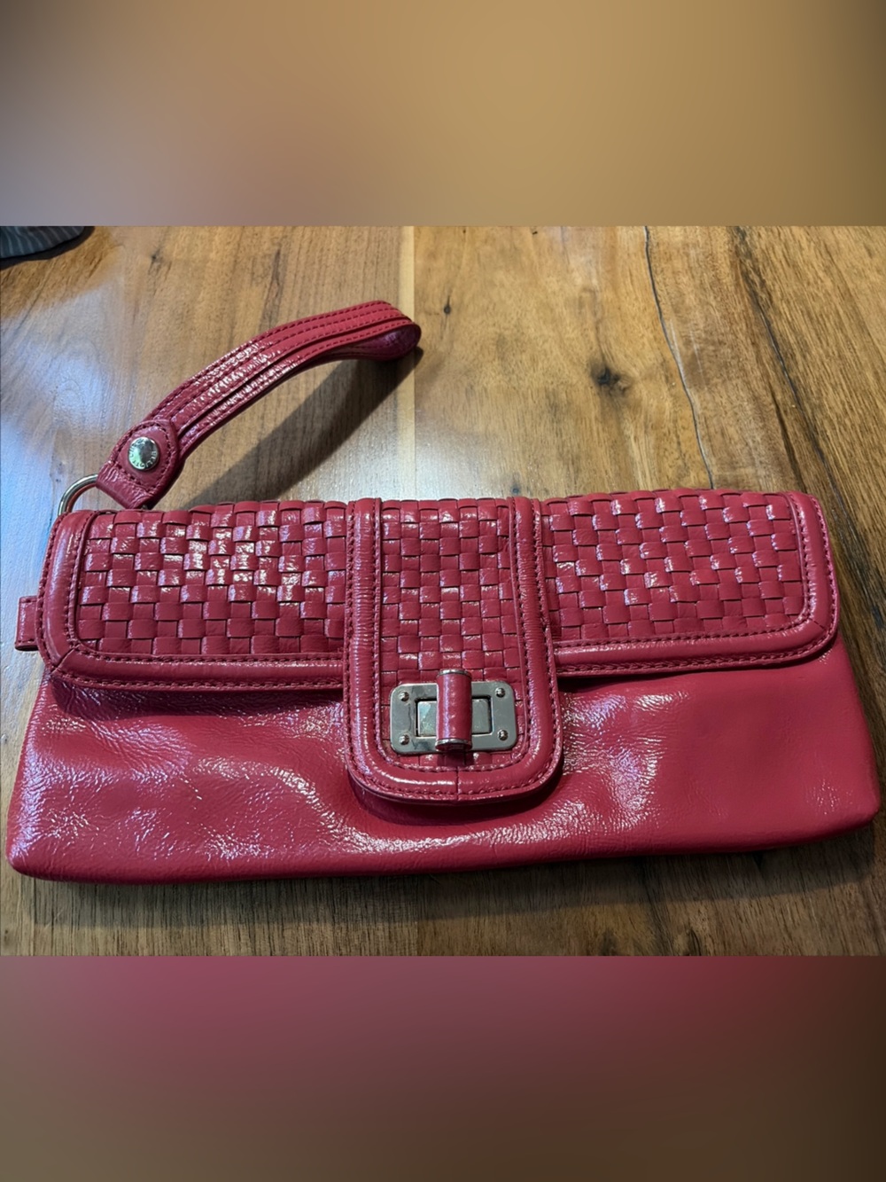 Elliott Lucca Salmon Woven Leather Wristlet Clutch